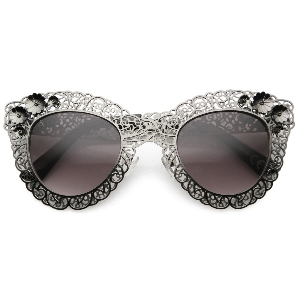 Women's Ornate Filigree Round Sunglasses - Black Silver